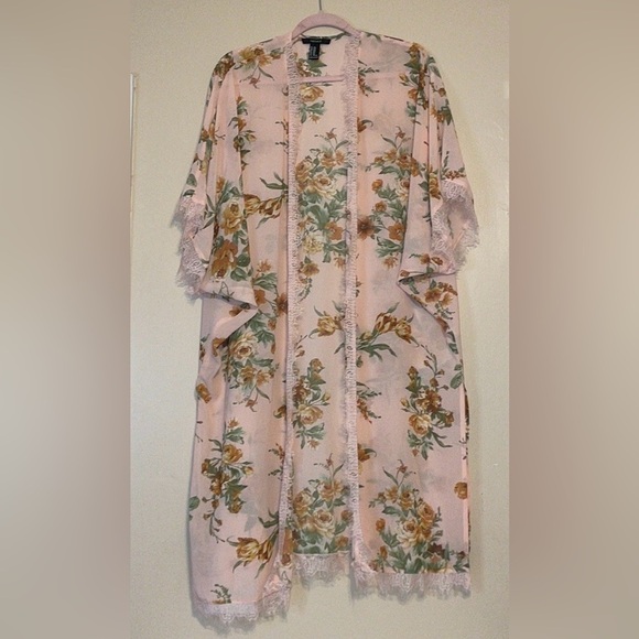Forever 21 womens  cardigan Medium large kimono Rose lace duster pink sheer - Picture 1 of 6